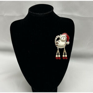 Christmas Cat Brooch Wearing Santa Hat Dangle Legs Enamel & Silver Tone Vintage